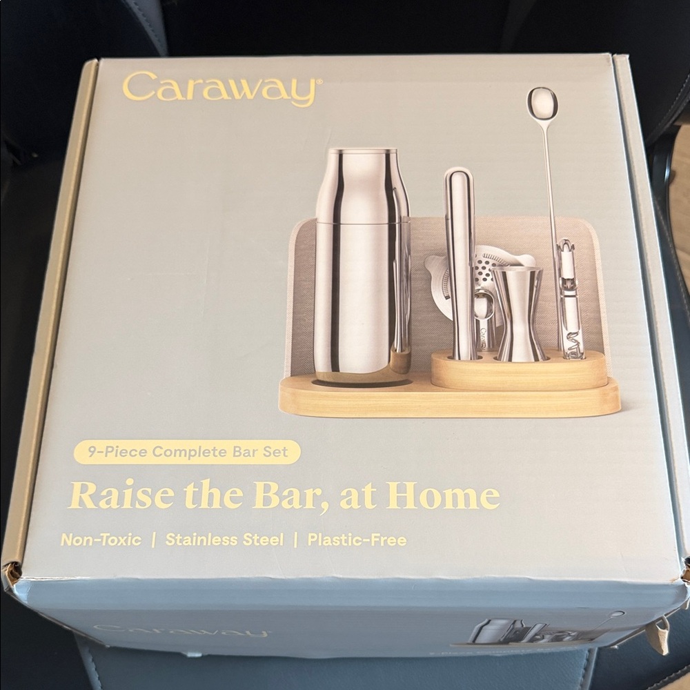 Caraway 9-Piece Stainless Steel Bar Set in Silver with Wood Stand